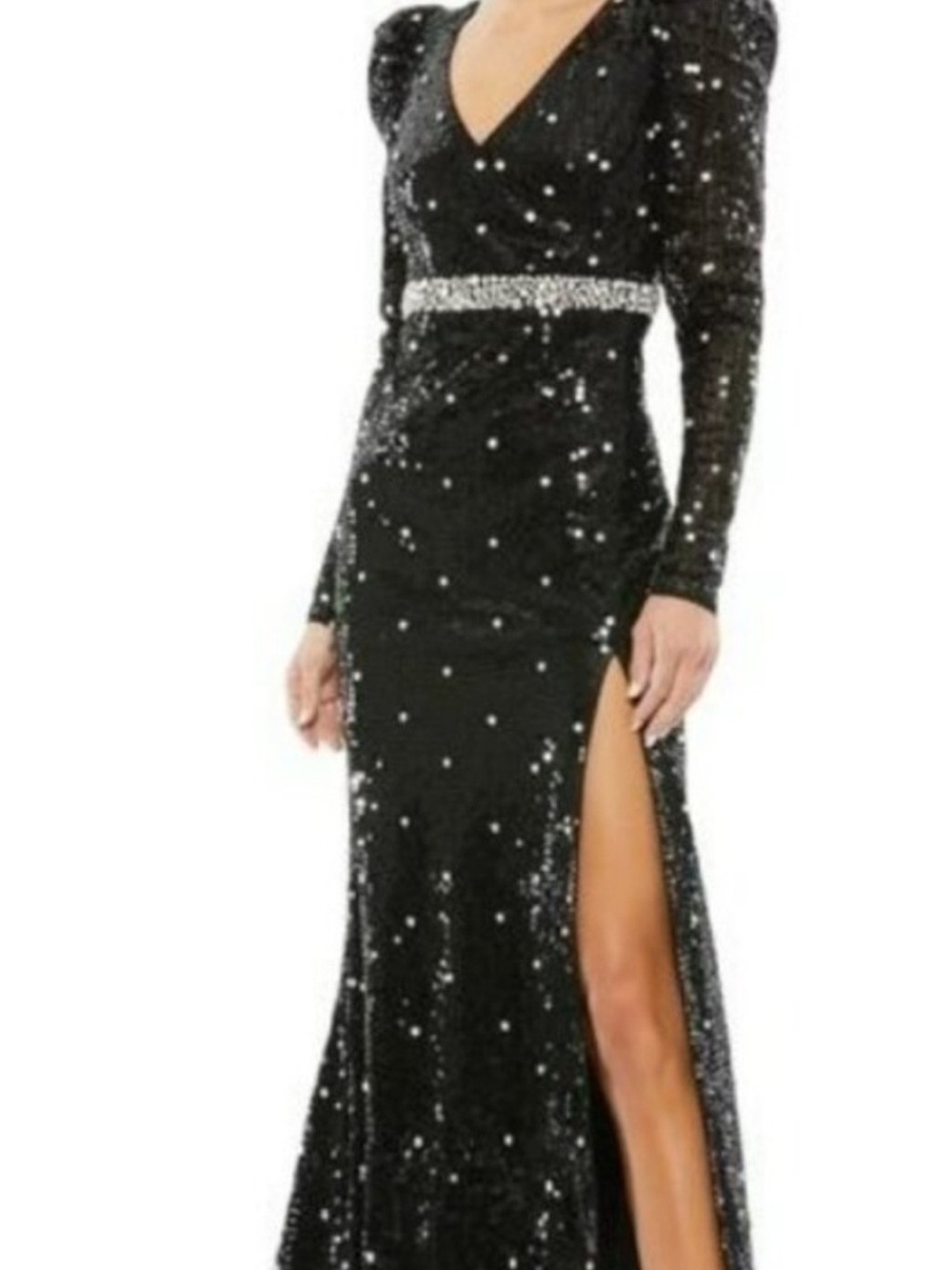 Mac Duggal Black Sequin Long-Sleeve Evening Gown with Crystal Waistband